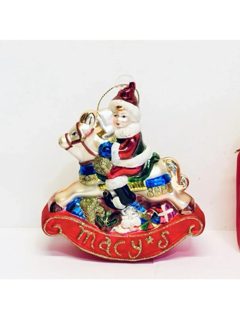 Macy's Lot of 2 Glass Ornaments Elf Rocking Horse Bag of Gifts